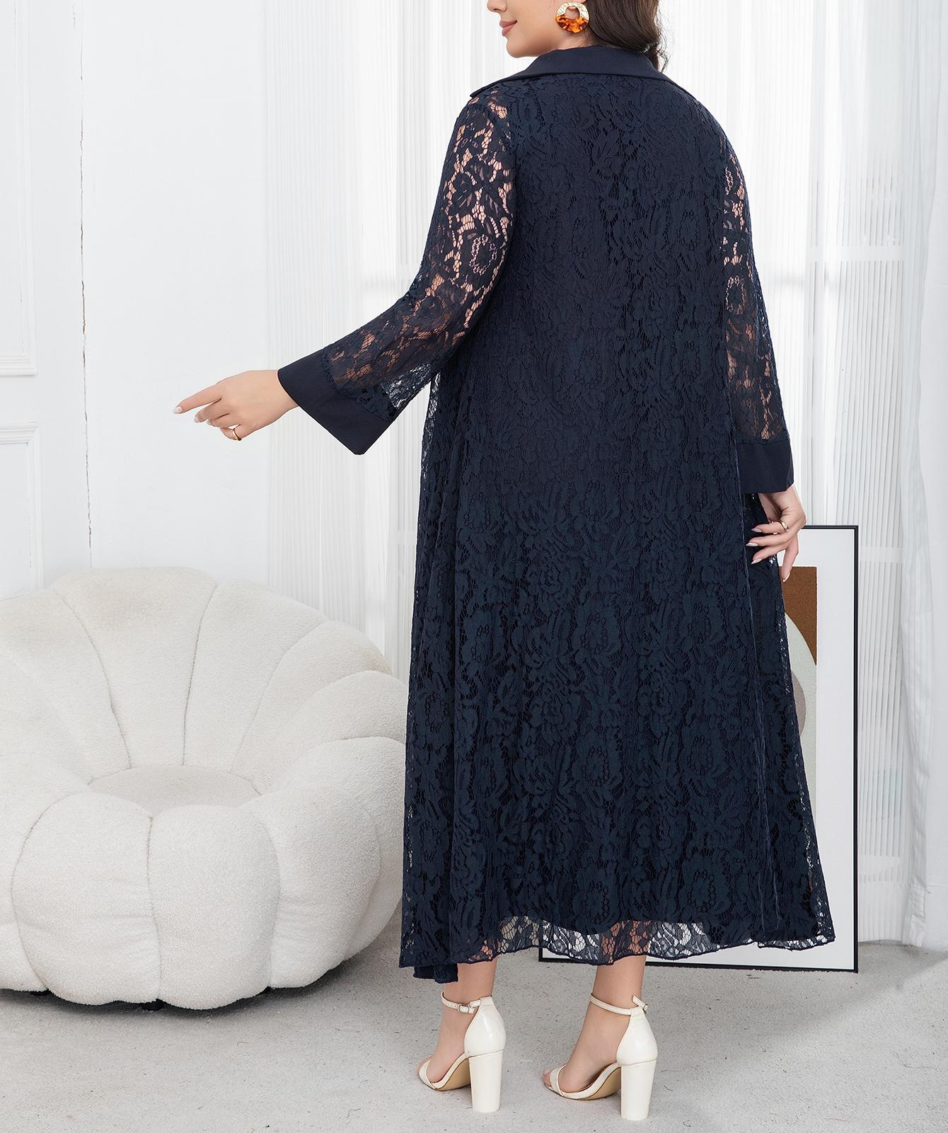 Plus Size Women's Navy Lace Two-Piece Set, Elegant Long Cardigan and Tank Dress, Slimming, Stylish and Chic, Perfect for Office and Dates
