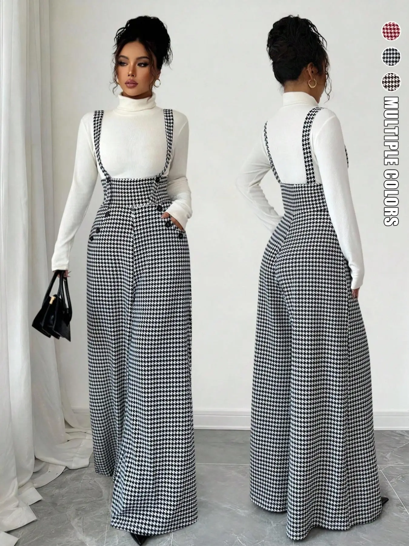 Women's Knitted Houndstooth Plaid Print Belted Pants, Button, Elegant Fall/Winter Fashion, Long Pants with Front Zipper and Pockets, Casual Commuter Wear, Womenswear, Casual High Rise, Fit