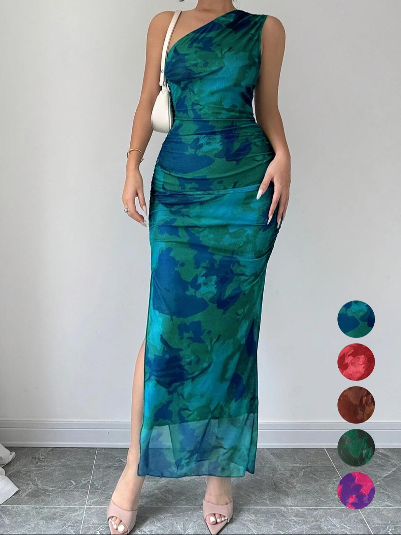 Women's Graphic Print Asymmetrical Neck  Dress, Elegant Sleeveless Split  Dress for Party Holiday Wedding Guest, Ladies Summer Clothes