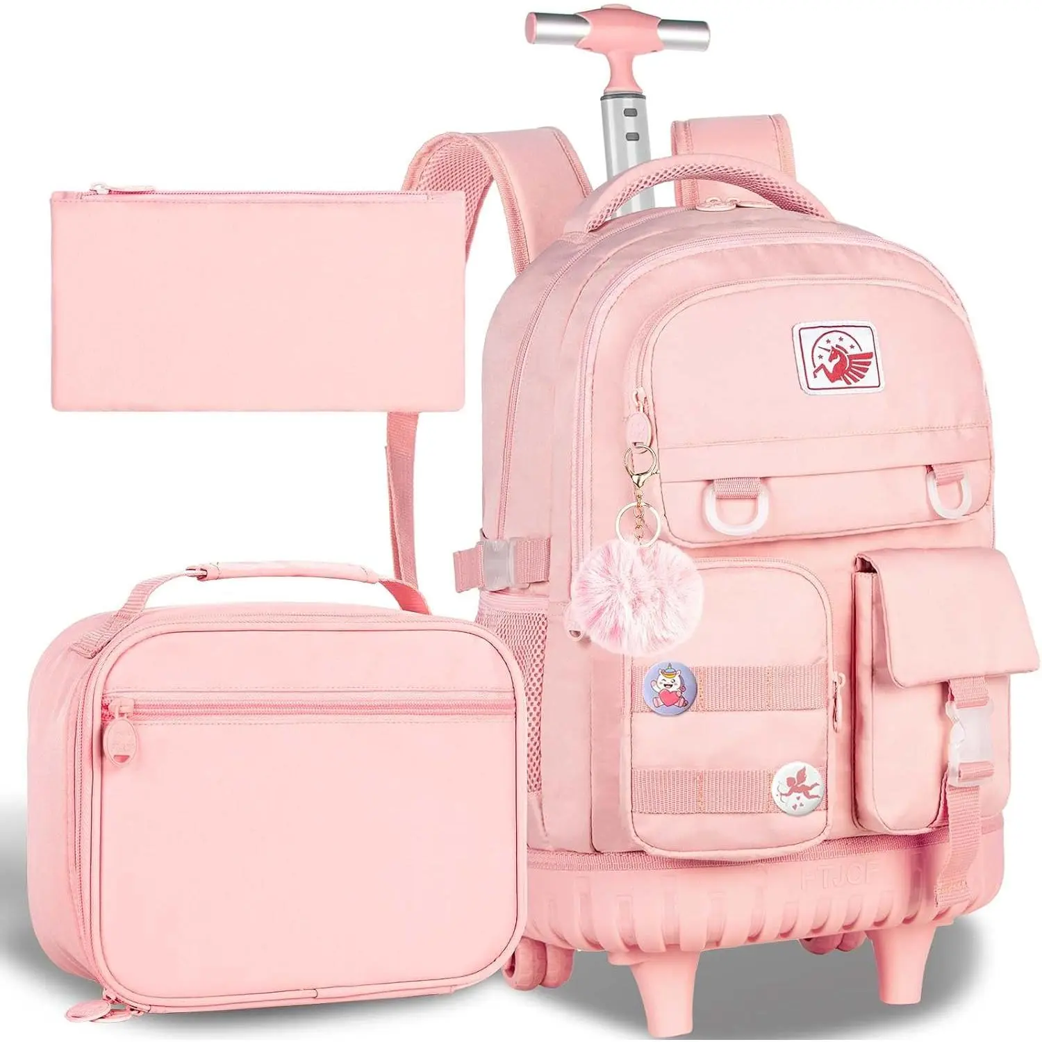 Rolling Backpack for Girls Women, 21 inch Roller Wheels School Bookbag, Wheeled Suitcase Backpacks with Lunch Bag for Teen - Pink