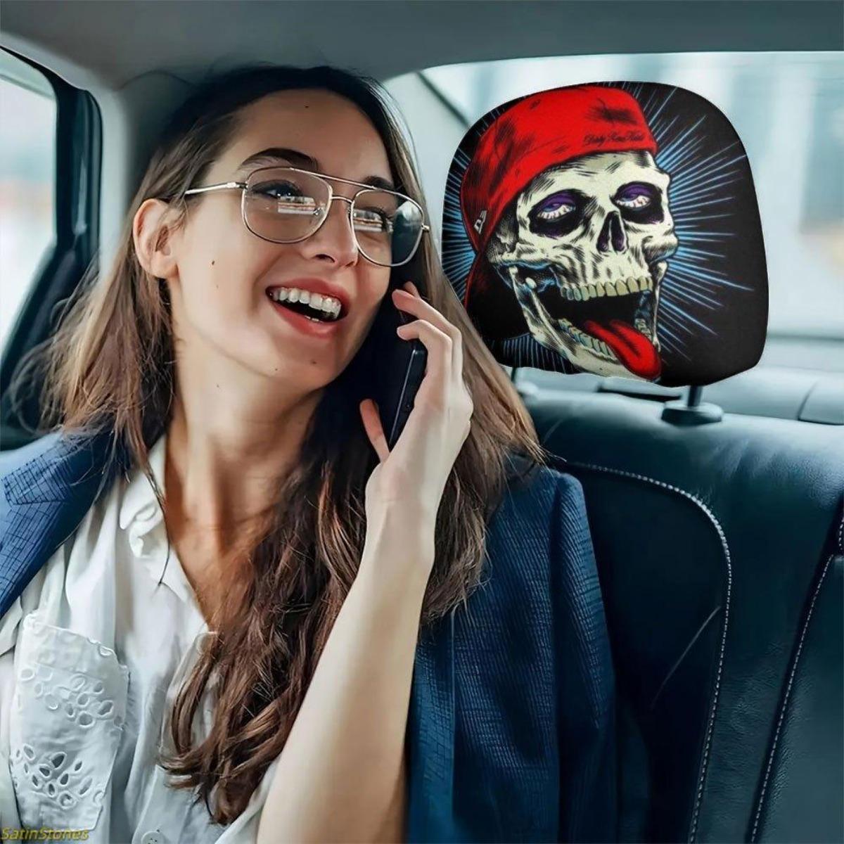 Gothic Hip Hop 2-Pack Car Headrest Covers with Skull Print, Soft Fabric, Easy Installation, Hassle-Free Wash, Durability Enhancement, Universal Fit Vehicle Decoration for Road Trips