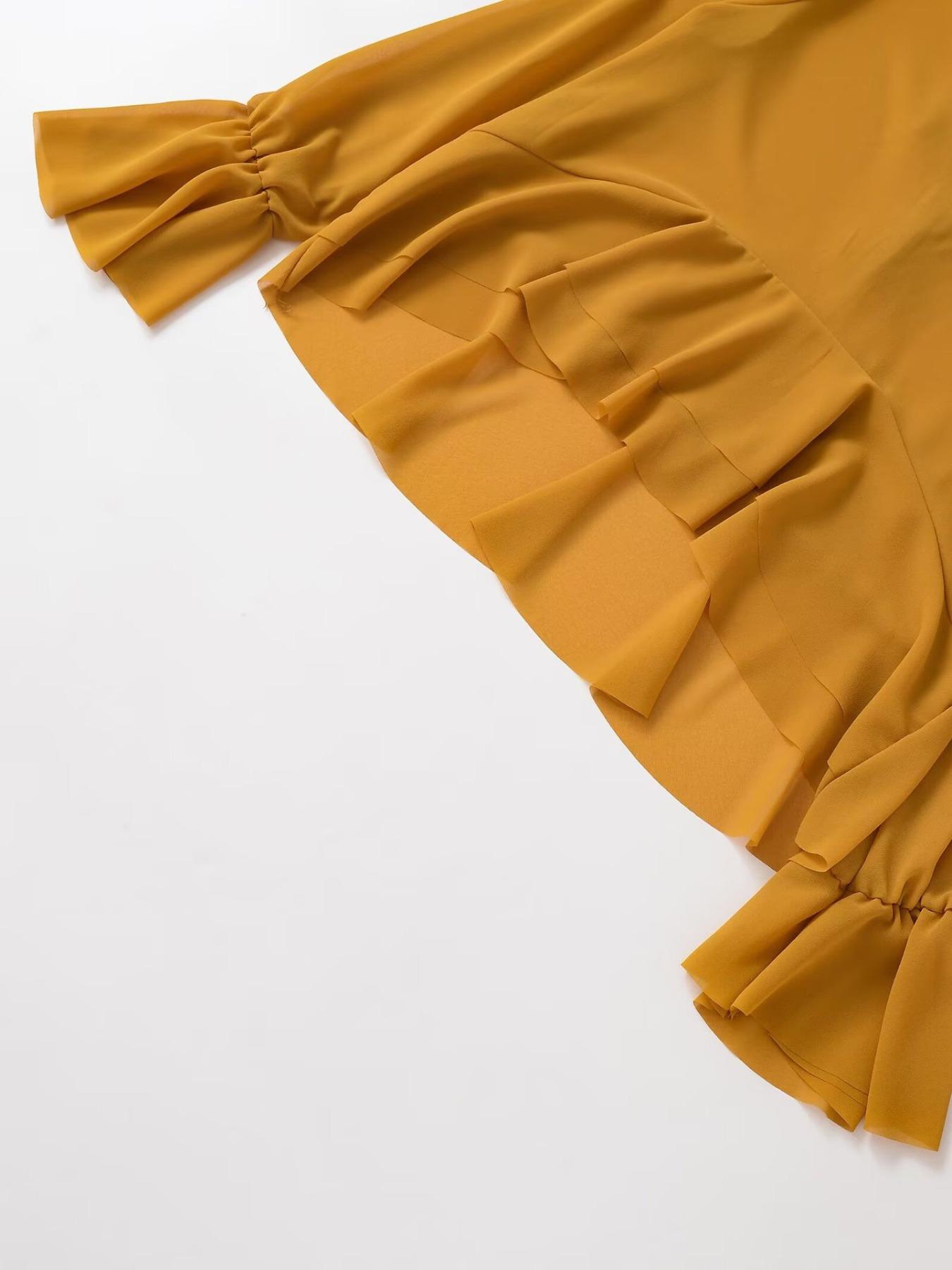 Women's Simple Round Neck Long Sleeve Shirt, Layered Decoration, Adjustable Bow Back, Asymmetric Hem, Wrinkled Pure Color Top, Blouse