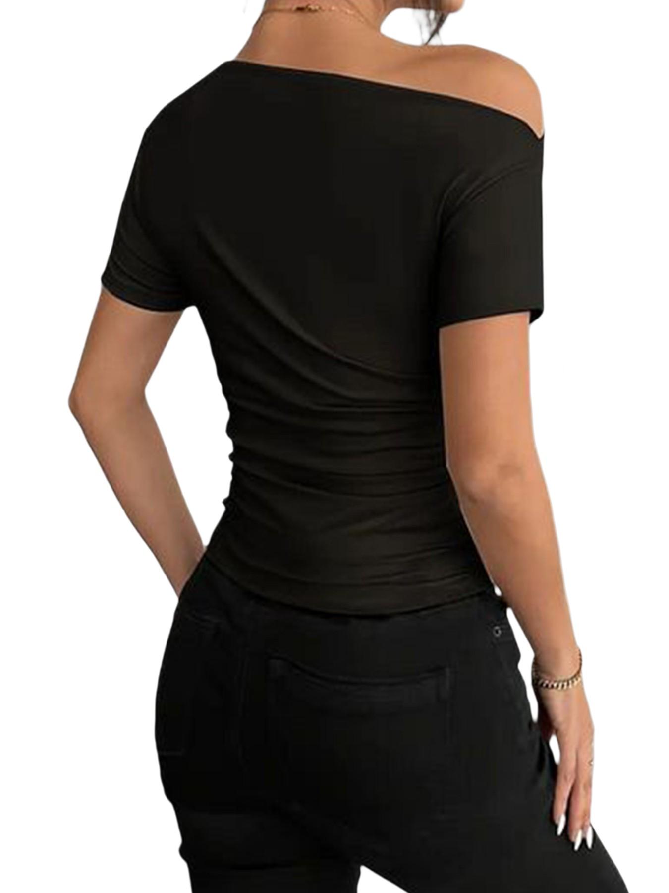 Women's Sexy Asymmetrical Neckline Loose Fit Short Sleeve T-Shirt, Summer Casual Slim Fit Pure Color Top, New Arrival Fashion