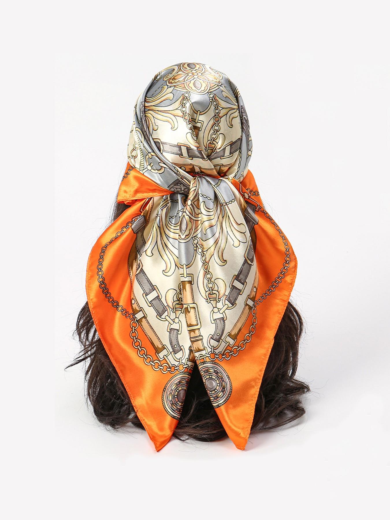 90cm Stylish Satin Square Scarf for Women, Fashionable Vivid Silk Feel Headscarf, Versatile Accessory for Any, Chain Printed Scarf