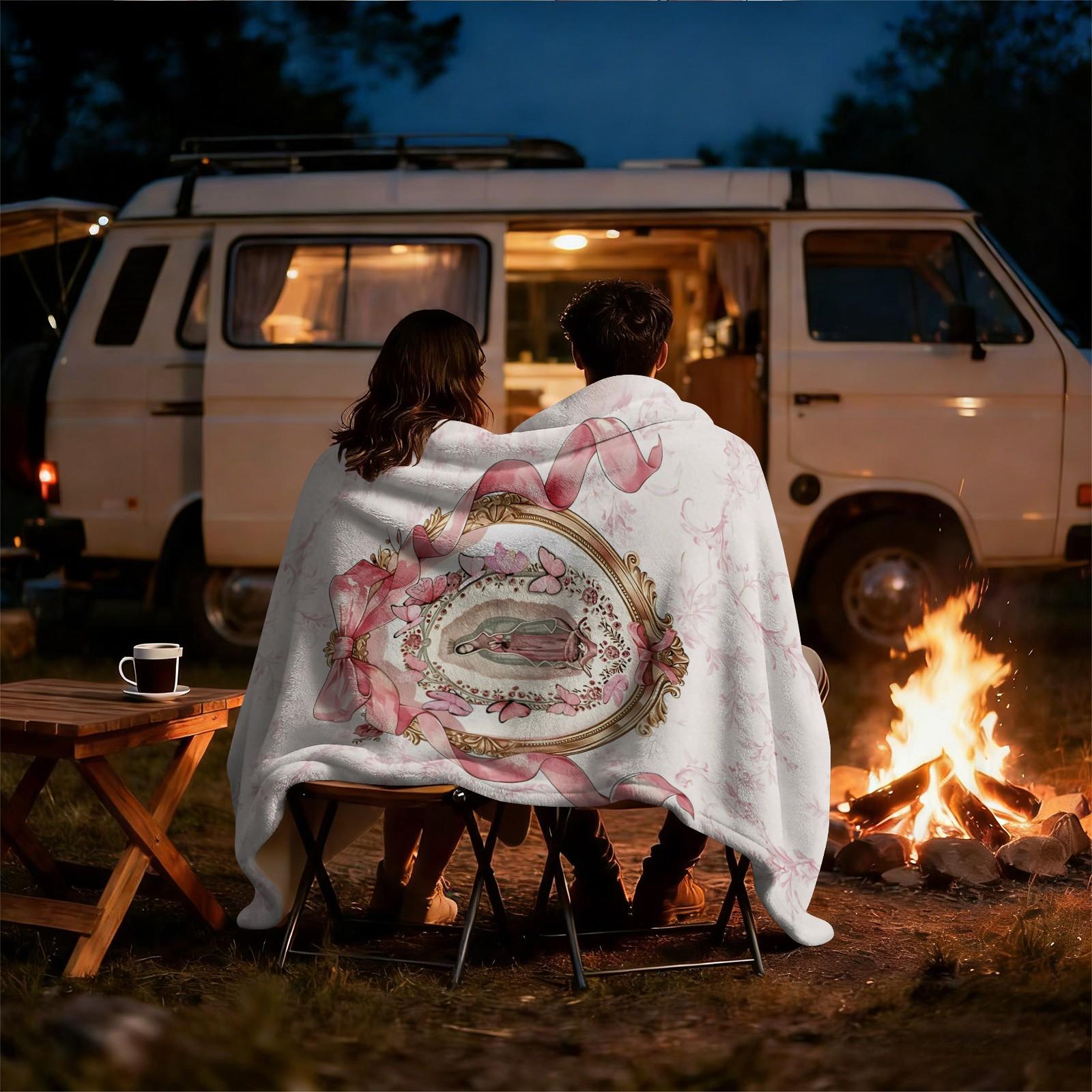 Our Lady of Guadalupe Flannel Throw Blanket, Cozy Warm Fleece Blanket with Pink Bow & Butterfly Print, Soft Plush Gift Blanket for Couch Bed Sofa, Decorative Religious Blanket for All Seasons, Perfect Gift for Friends & Family