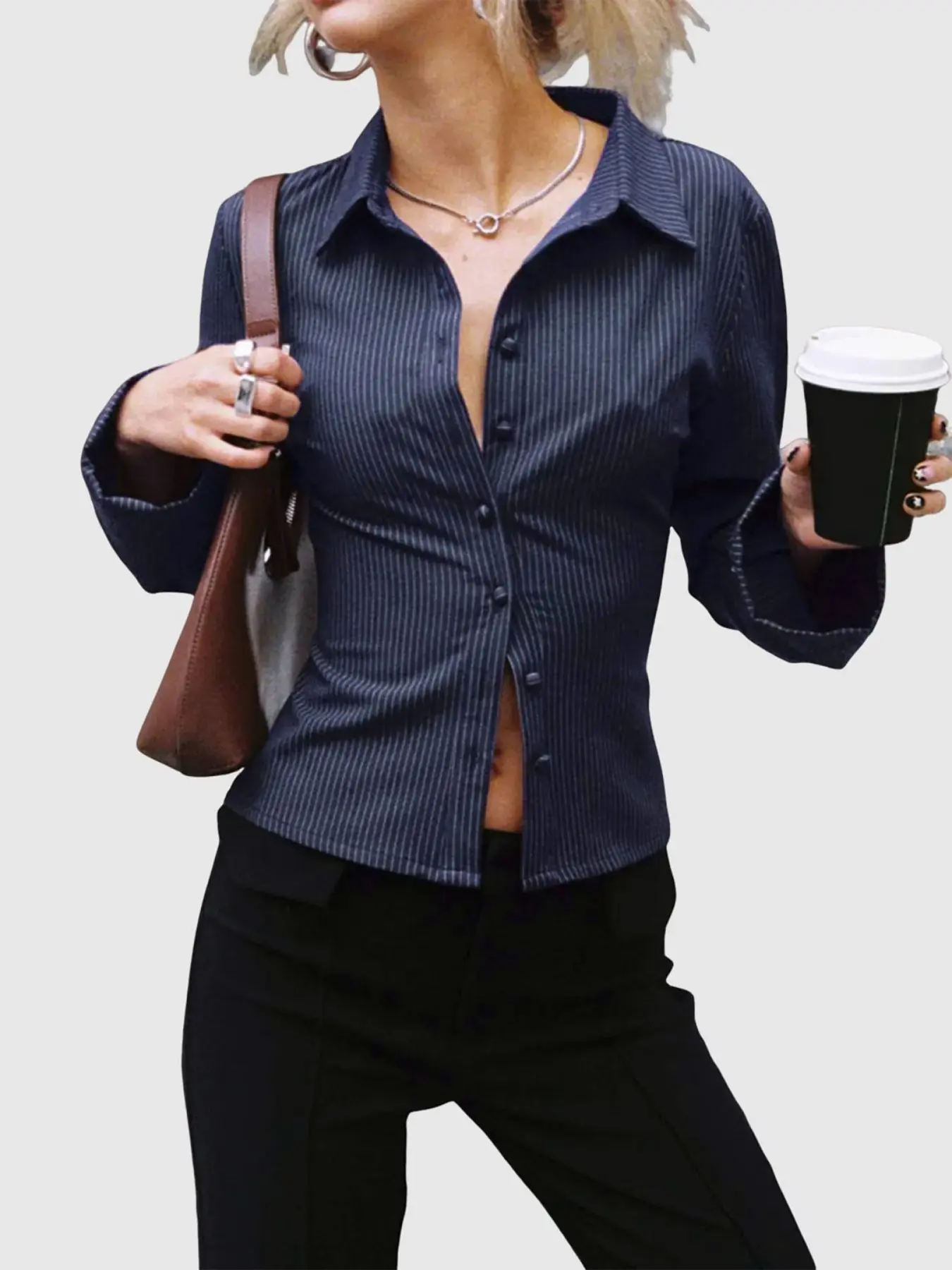 Women's Striped Print Button Front Shirt, Casual Comfy Shirt, Elegant Long Sleeve Collared Top for Spring & Fall, Ladies Clothes for Daily Wear