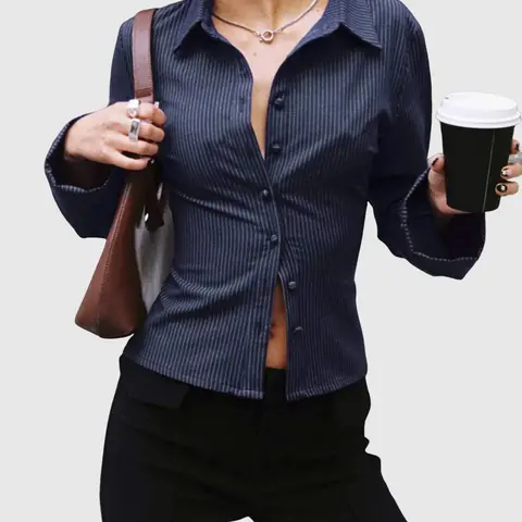 Women's Striped Print Button Front Shirt, Casual Comfy Shirt, Elegant Long Sleeve Collared Top for Spring & Fall, Ladies Clothes for Daily Wear