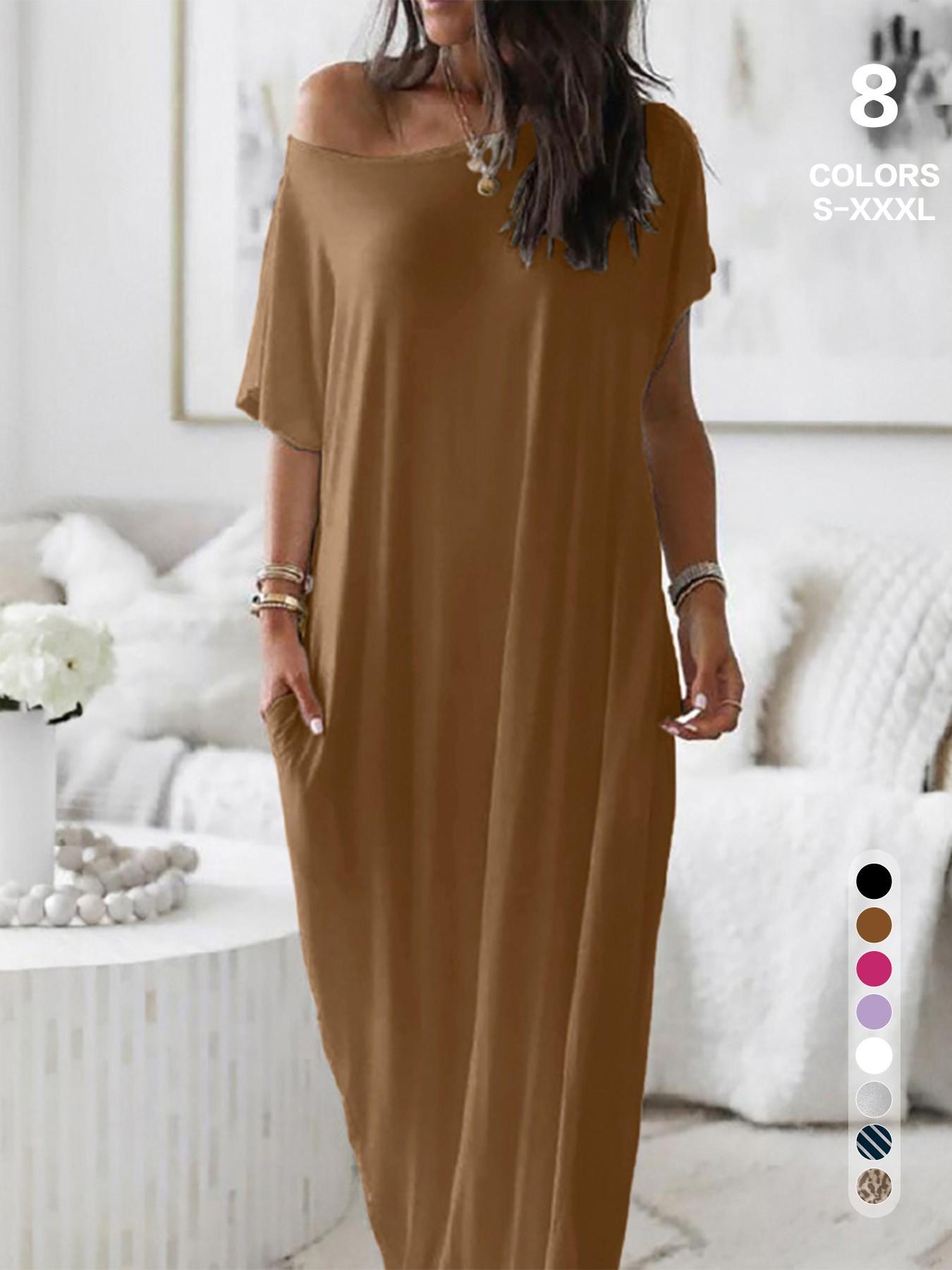 2026 Women's Solid Color Short Batwing Sleeve Loose Loungewear Dress, Soft Comfortable Casual Daily Wearing Nightdress, Versatile Ladies' Sleepwear for All Seasons