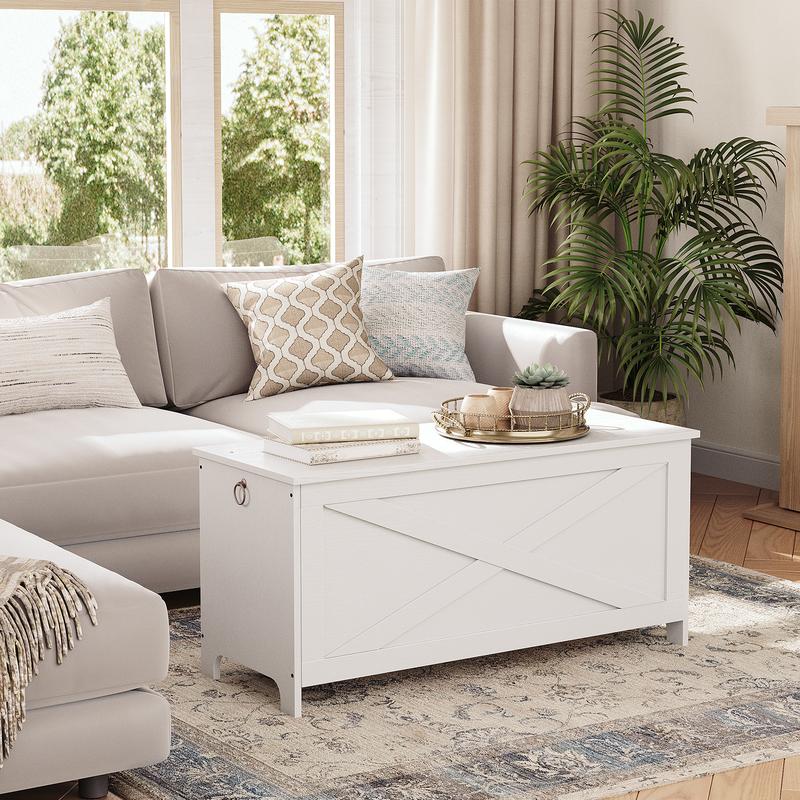 MAHANCRIS 39.4" Sturdy Entryway Toy Storage Chest with Safety Hinges, for Living Room, Bedroom, White