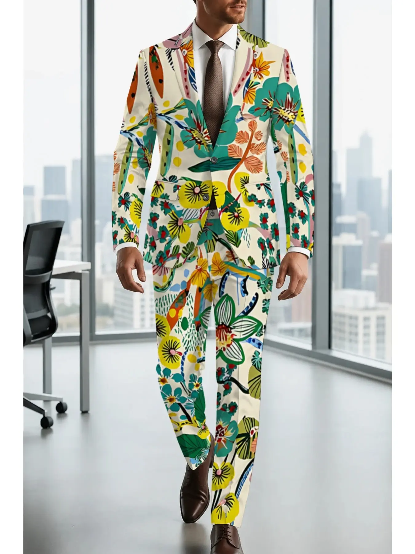 Tropical Retro Floral Print Men's Blazer Set, Slim-Fit Long Sleeve Casual Suit, Vibrant Plant Flower Pattern, Perfect for Parties and Vacations