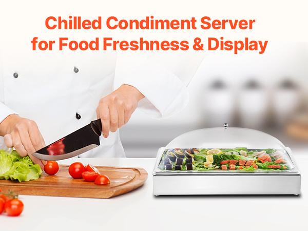 VEVOR Countertop Food Serving Display Container, 1x 1 Pan Stainless Steel Food Serving Tray, Buffet Condiment Dispenser Display Rack with Clear Arc Lid 3 Ice Trays, for Restaurant, Hotel, Party