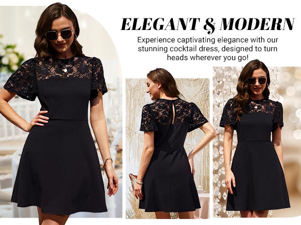 Holipick Women's Cocktail Dresses Wedding Guest Party Crew Neck Short A Line Dress with Lace Sleeves Holipick Women's Cocktail Dresses Wedding Guest Party Crew Neck Short A Line Dress with Lace Sleeves