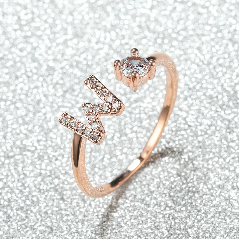 New rose gold letter ring, white diamond open ring accessory, unique personalized finger ring