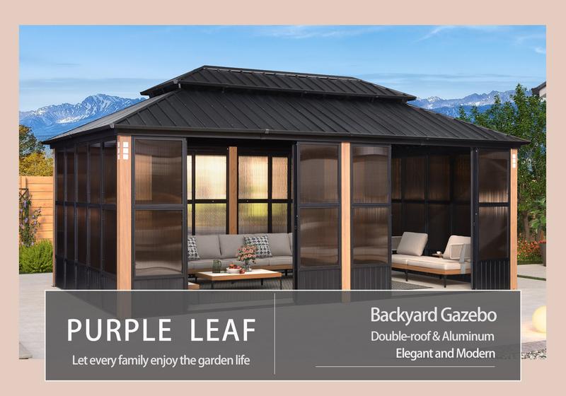PURPLE LEAF 12' x 16' Hardtop Gazebo For Patio | Screen House Wood Grain Aluminum Solarium Canopy