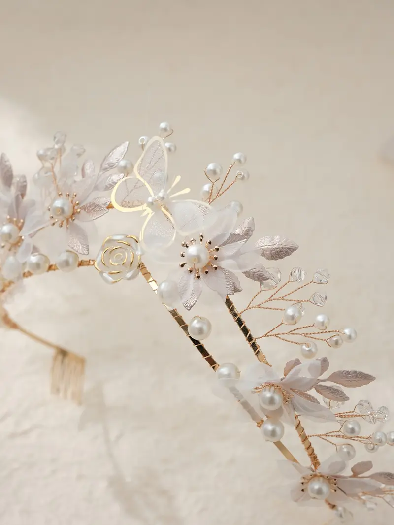 Elegant Butterfly Floral Bridal Crown, Romantic Pearl Rhinestone Wedding Headpiece, Korean Handmade Wedding Dress Accessory