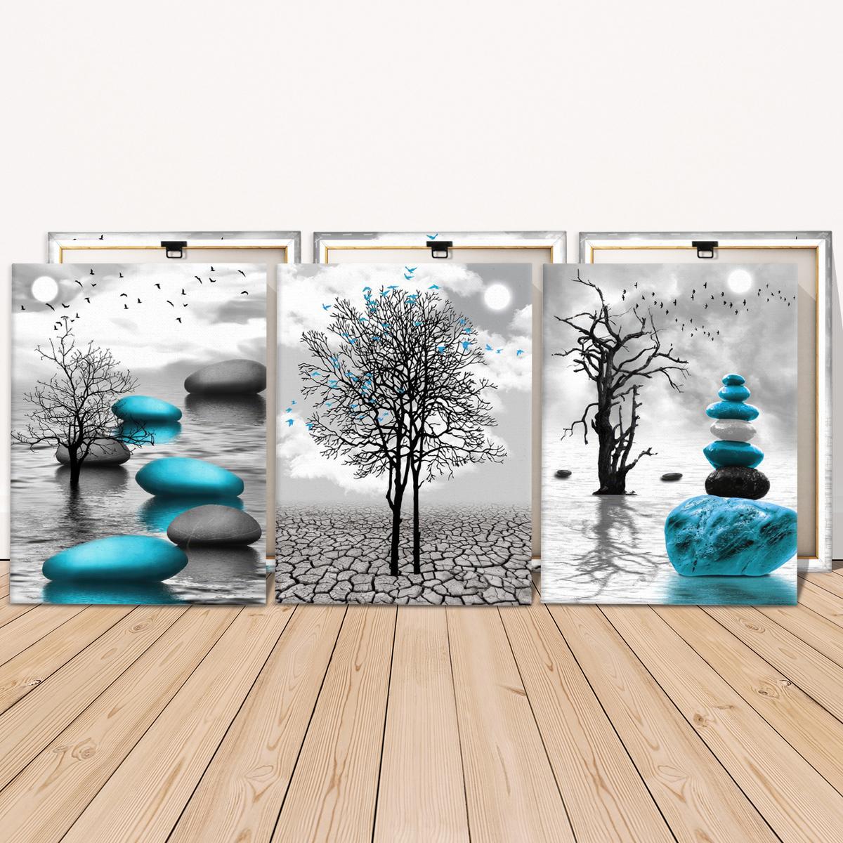 Wooden Framed Canvas Painting, 3 Counts/set Abstract Plant Pattern Western Wall Art Decoration, Wall Decor for Home Living Room Bedroom Office