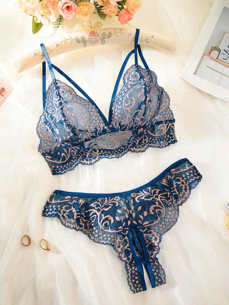 English: Sheer Lace Bralette Set - Breathable See-Through Triangle Cups, Comfort & Style for Everyday Wear!