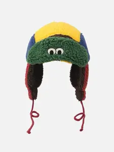Colorful Patchwork Fleece Hunting Hat with Cartoon Eyes, Adjustable Ear Flaps, Winter Hat for Men and Women, Skiing, Camping, Holiday Activities