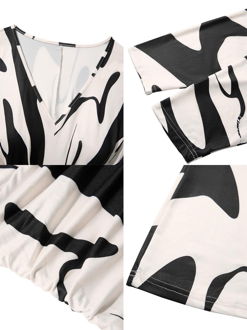 Autumn Elegant Sexy Women's Geometric Print Dress, Plus Size Deep V Neck Batwing Sleeve Slim Fit Long Dress for Fall Season