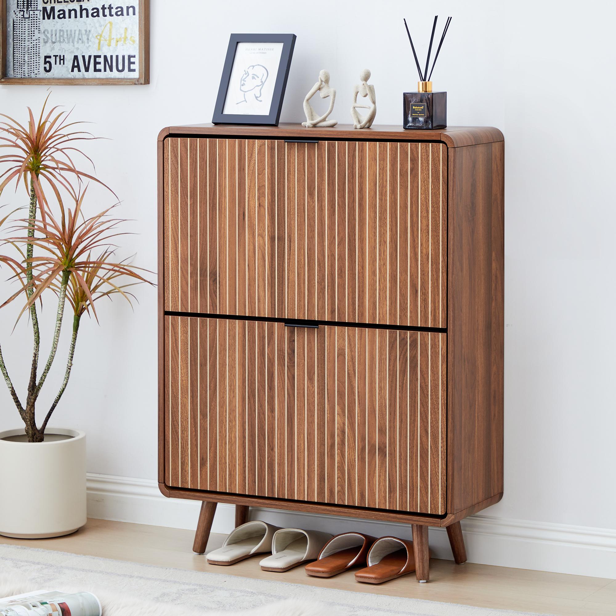Giratree Modern Mid-Century Wooden Shoe Cabinet, Fluted Design with 2 or 3 Drawers, Stylish Storage Organizer for Entryway, Hallway, or Living Room