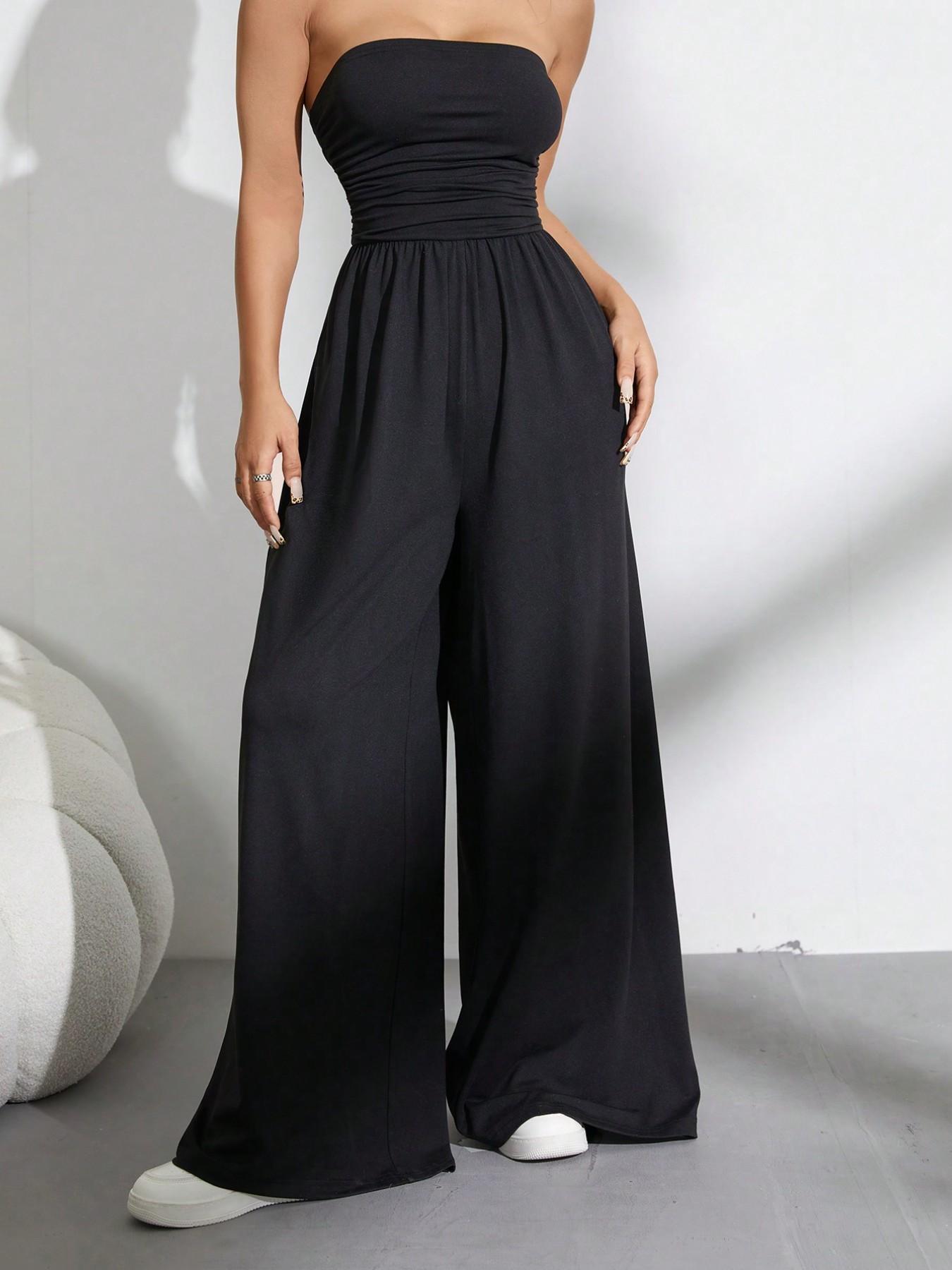 Solid Color Casual Sleeveless Pleated Loose Jumpsuit, Slim-Fitting Ruched Design, Elastic Waist, All Seasons Wear, Organic Textile, Waistband Jumpsuit