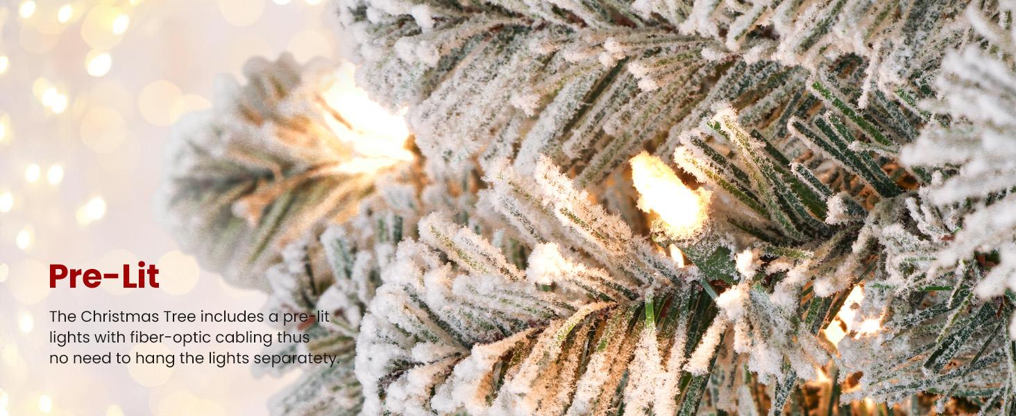 4/5/6/7.5/9FT Pre-Lit Snow Flocked Christmas Tree with Warm White Lights & Foldable Stand – Perfect for Holiday, Home & Party Decoration