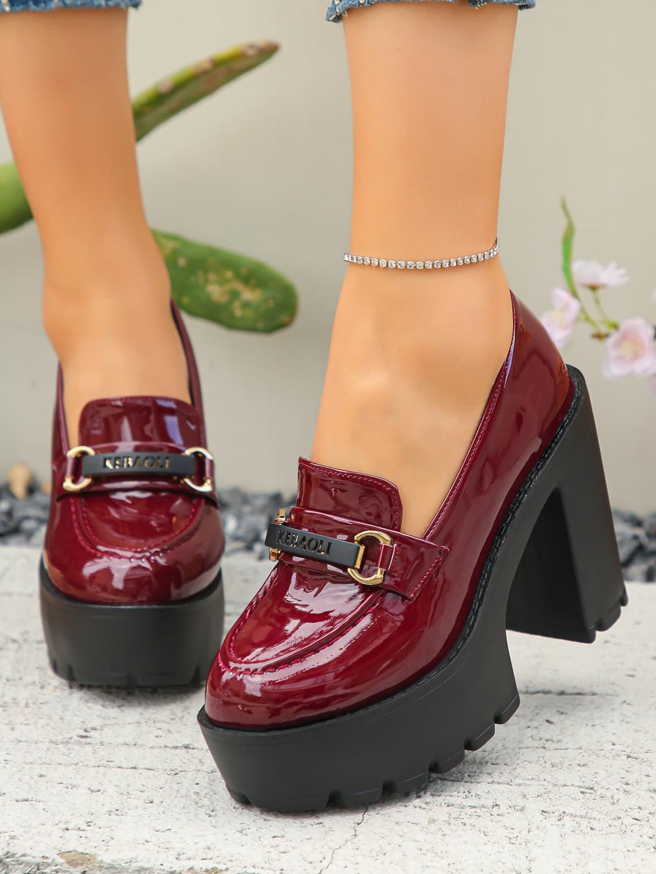 Women's Platform Chunky Heel Loafers High Heels, Patent Leather Upper, Metal Buckle Detail, Height Increasing, Block Heel, Versatile Elegant Formal & Casual Party Evening Shoes for Work, Office, Business Occasions, Platform Footwear