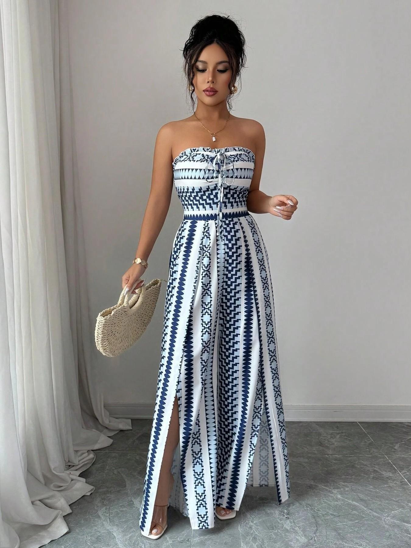 Breathable Geometric Print Jumpsuit, Halter Neck Sleeveless, High Elastic Back Design, Wide Leg Side Slit Pants, Beach Vacation Commute Date