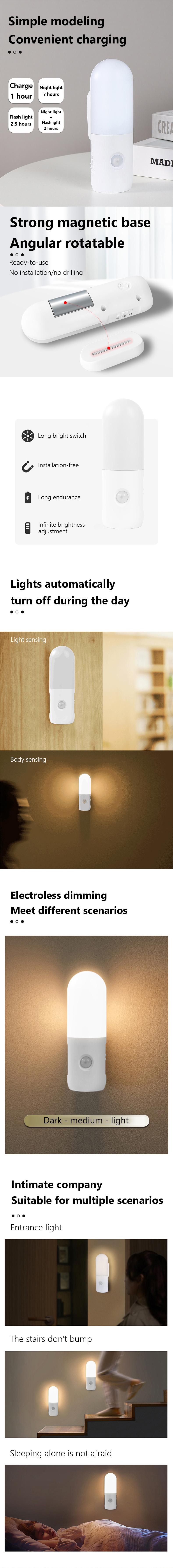 USB Rechargeable Motion Sensor Night Light Indoor Battery Operated Pir Light with 3 Color Temperature & Dimmable, Magnetic Night Lights Stick on Wall for Stair Bathroom Hallway Toilet, christmas present LED Adjustable Lighting Modes lamp lights bedroom