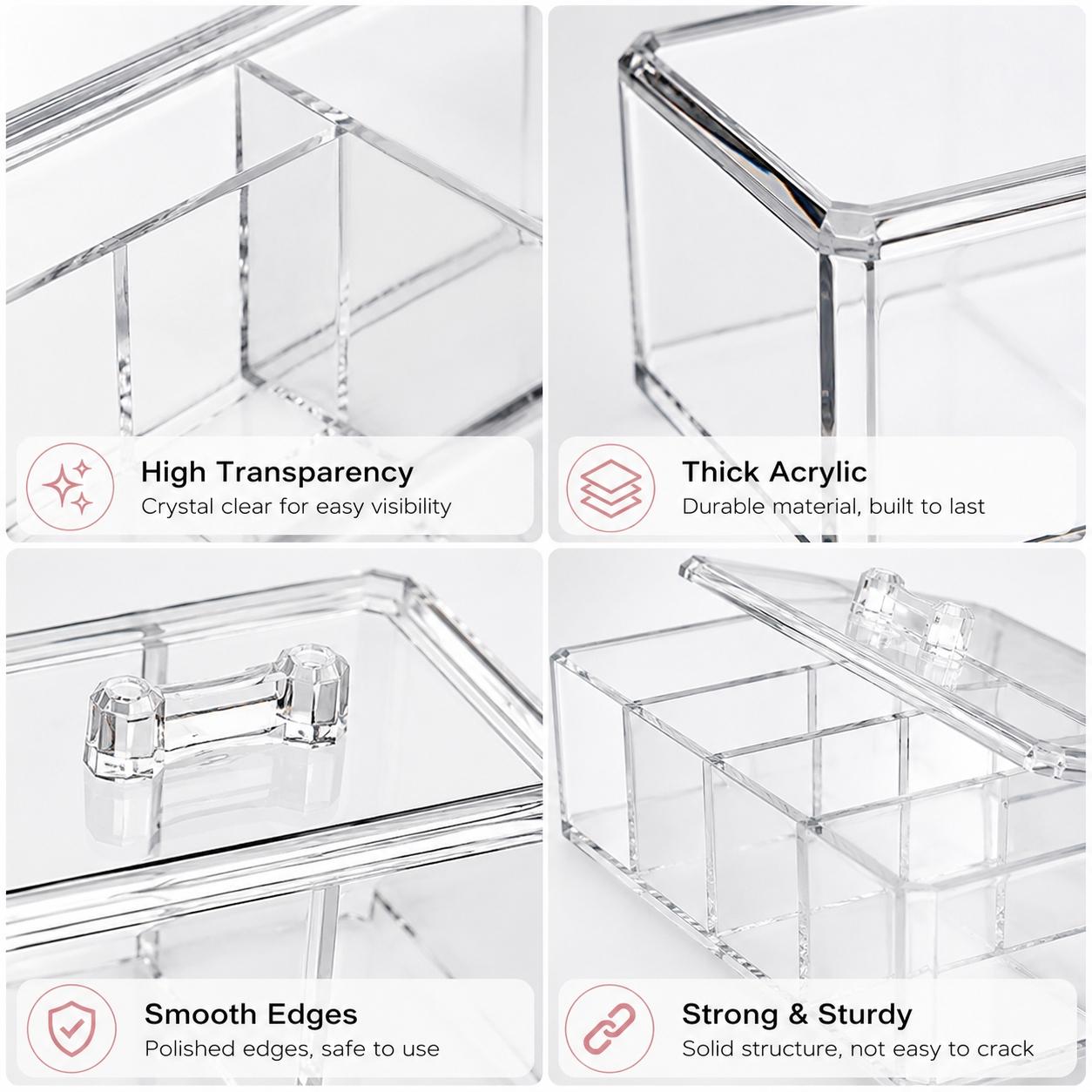 1PCS Clear Acrylic Cotton Pad & Qtip Holder with Lid, 3-Compartment Dustproof Odorless Makeup Organizer for Cotton Balls, Swabs, Beauty Sponges, Powder Puffs, Floss Picks, Bathroom Vanity, Dressing Table, Desk & Skincare Storage