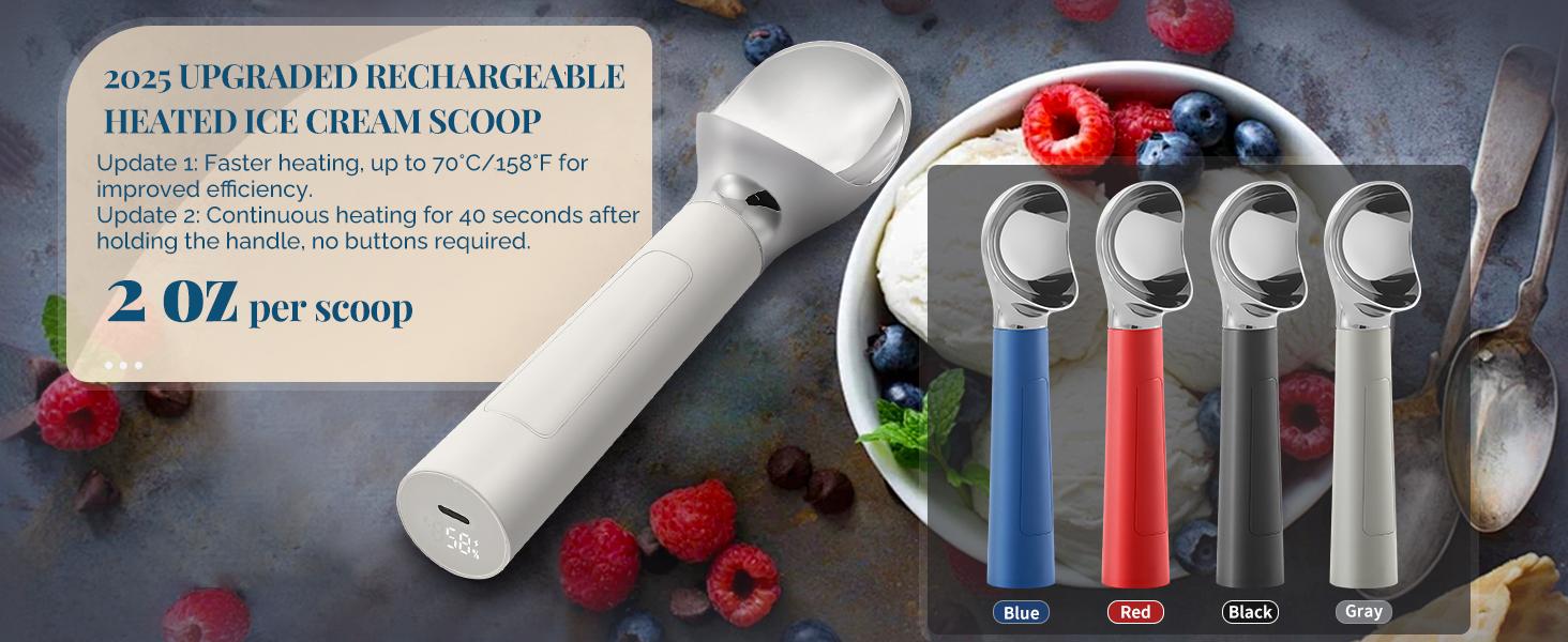 FROSTJOY Heated Ice Cream Scoop Rechargeable Electric Scooper 2 Oz Stainless Steel LED Display IP67 Waterproof Durable for Hard Ice Cream