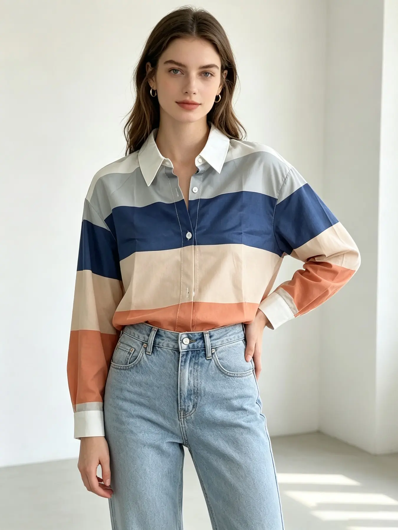 2026 New Women's Morandi Colorblock Wide Striped Blouse, Blue Coffee Retro Horizontal Stripe Lapel Loose Fit Long Sleeve Shirt