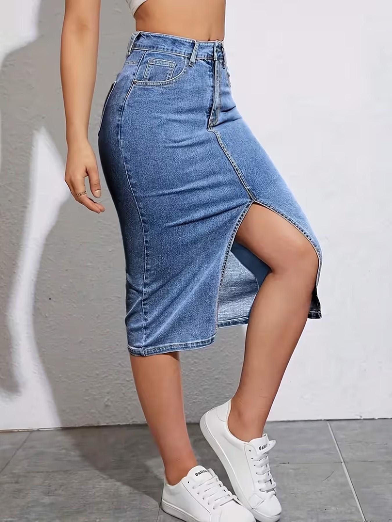 Women's Casual High-Waisted Stretch Denim Midi Skirt with Front Slit, Slim Fit & Comfortable Half-Length Skirt for All-Season Everyday Wear, Casual Fashion Skirt