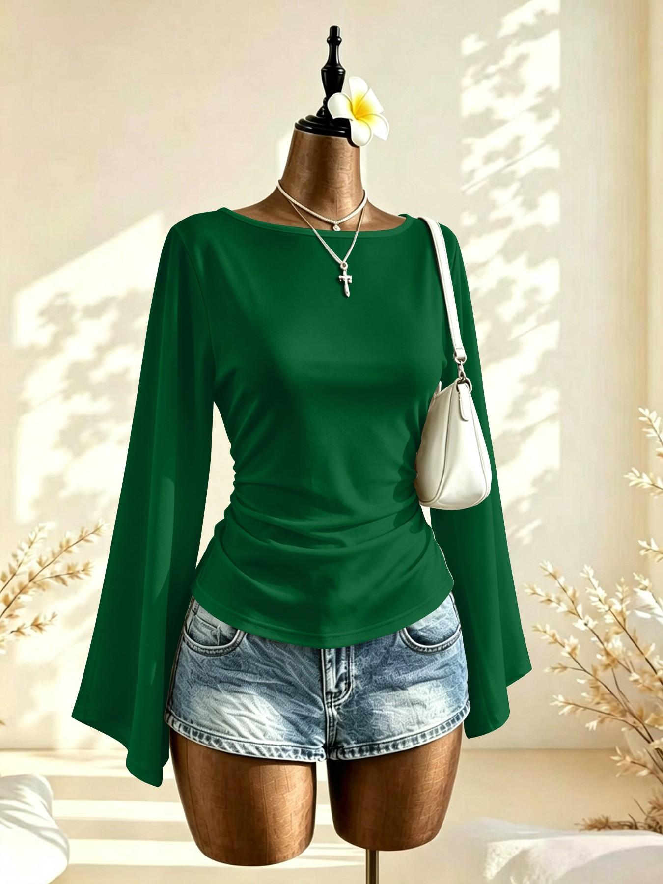 French Lazy Style Plain Color One-Shoulder Bell Sleeve Top, Side Pleat Waist Slimming Commuter Shirt, Choose 1/2 Pieces