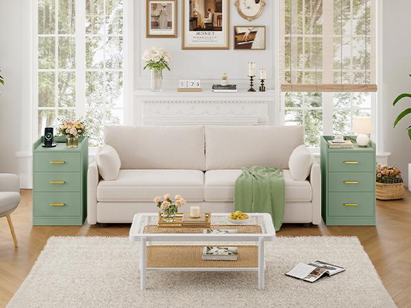 FOTOSOK Nightstands Set of 2 Black Nightstand with Charging Station, 3 Drawer Nightstand with Gold Handles, Side Table for Home Office