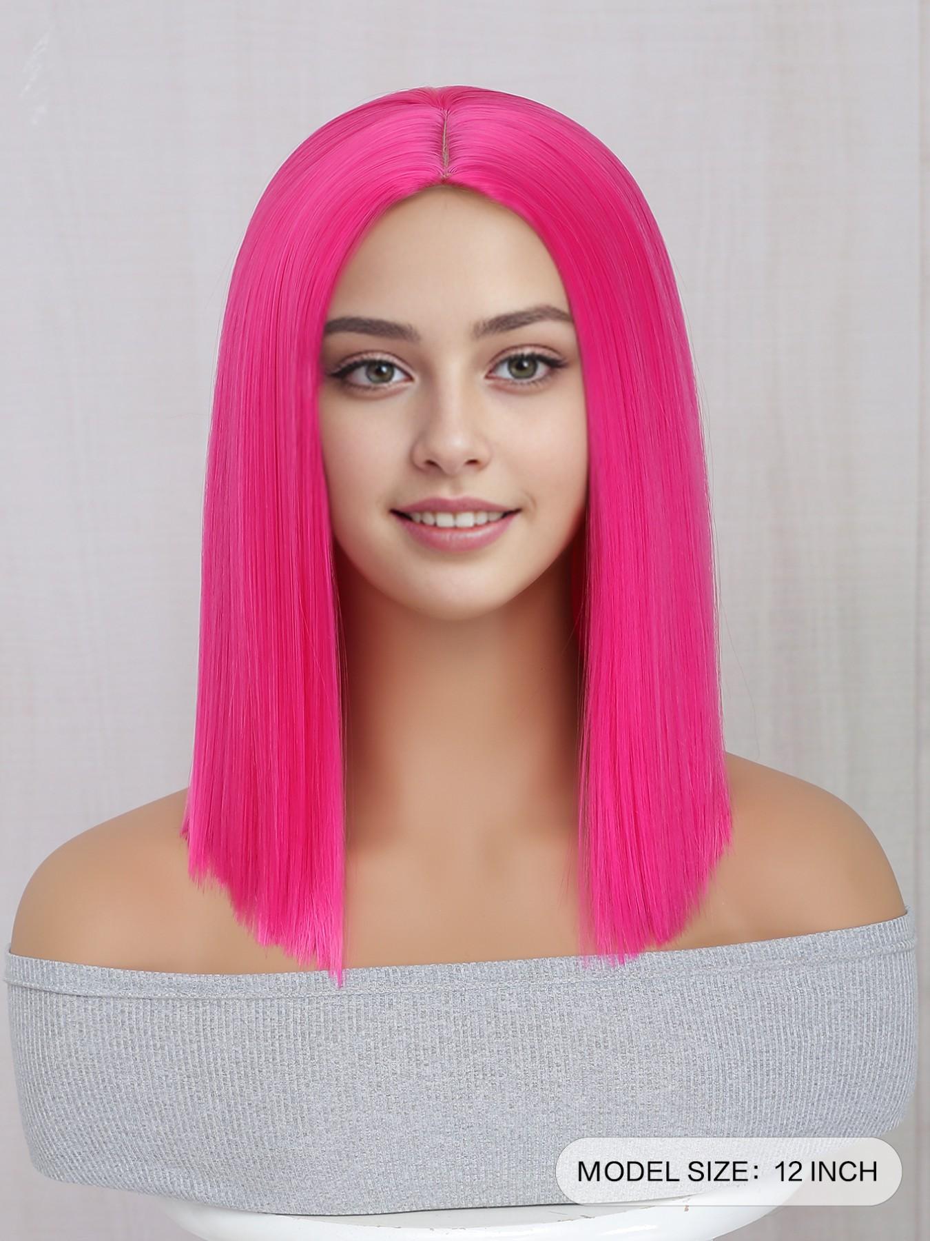 Cosplay Wig Hot pink Green Pink Black 12inch  Synthetic Hair Wig high temperature short Hair for women Middle part straight hair wig holiday Daily Fashion Style Synthetic Hair wig Woven hair wig for Halloween and Christmas