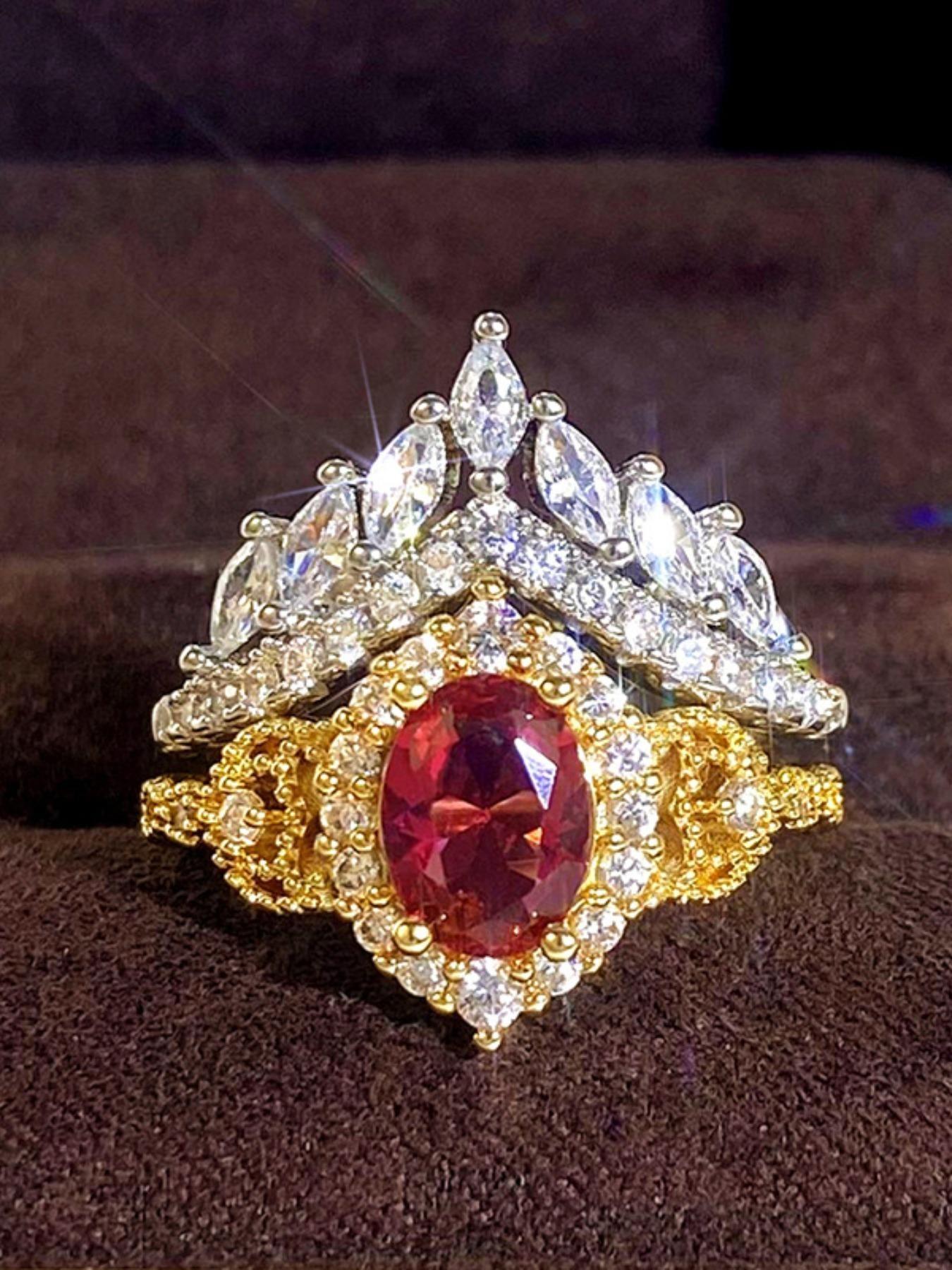 Luxurious Princess Crown Ring, Elegant Zircon-Embedded Courtly Design, High-End European Fashion Jewelry, Sophisticated Couple Rings