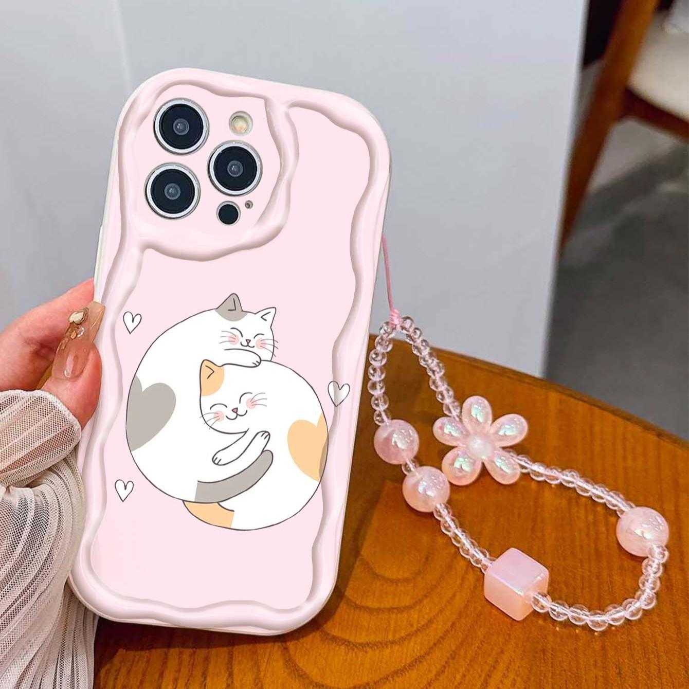Cute Cat Design Tpu Phone Case with Lanyard, Shockproof Wave Edge, Compatible with Apple Models 11-17 Pro Max, Perfect Gift for Girls