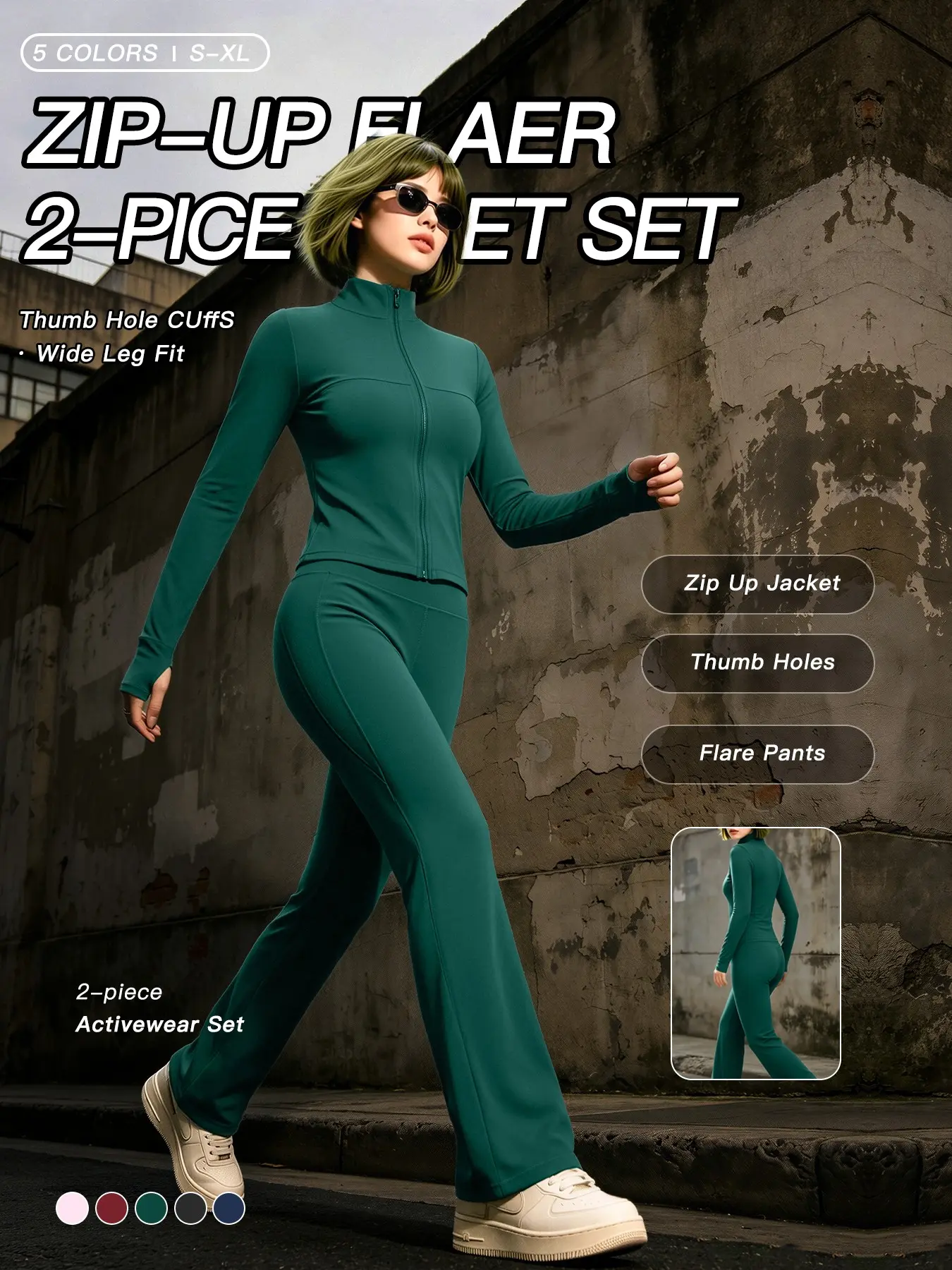 Fall 2‑Piece Tracksuit Sweatsuit Set, Zip Up Cropped Jacket & Wide Leg Flare Pants, Thumb Hole Autumn Women Activewear Workout Outfit#falltracksuit #womenssweatsuit #2pieceworkoutset #autumnactivewear #flarepantsset