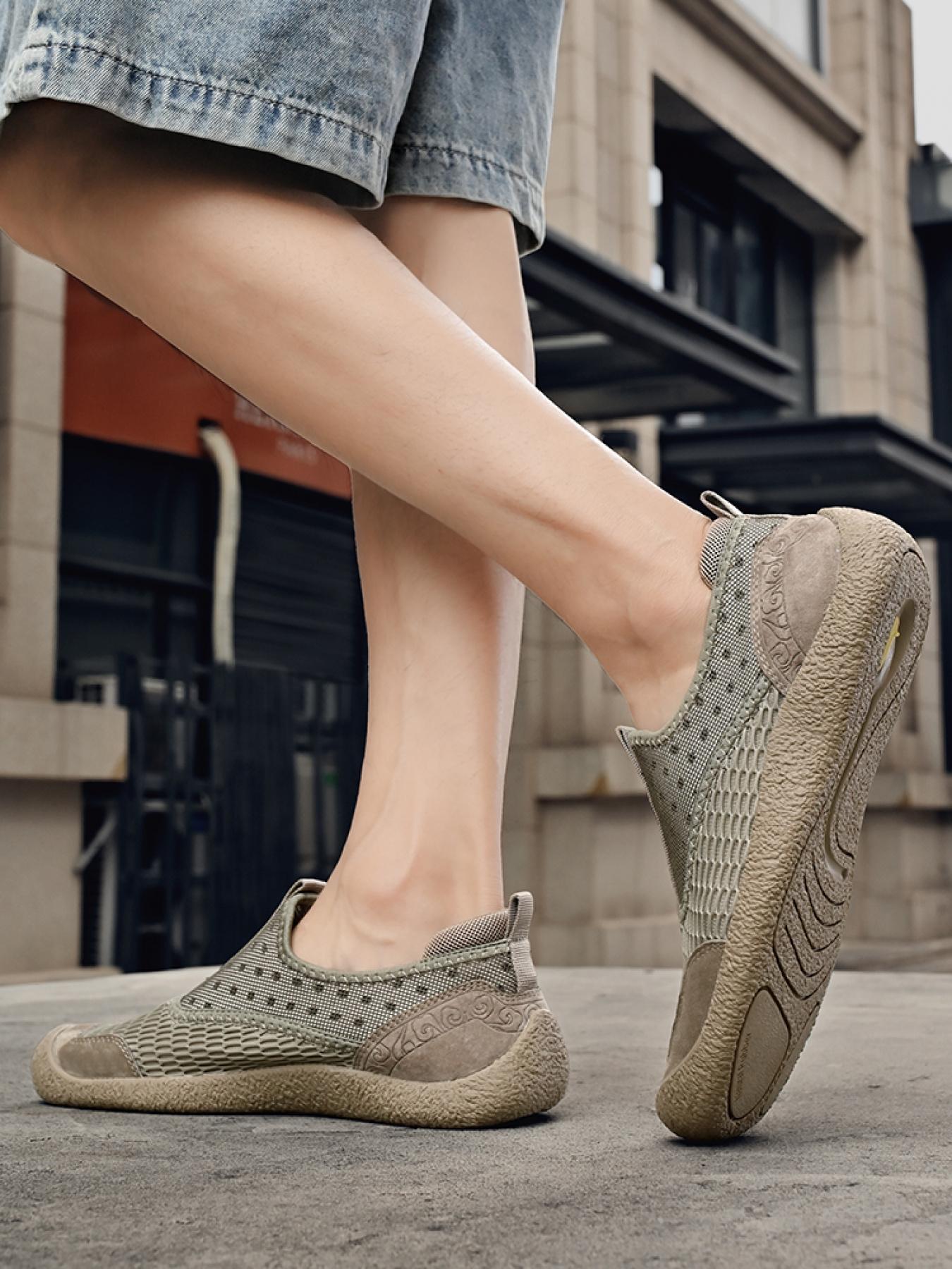 Men's Solid Color Mesh Breathable Slip-On Loafers, Soft Sole Anti-Slip Hand-Stitched Walking Shoes, Lightweight Casual Dad Shoes