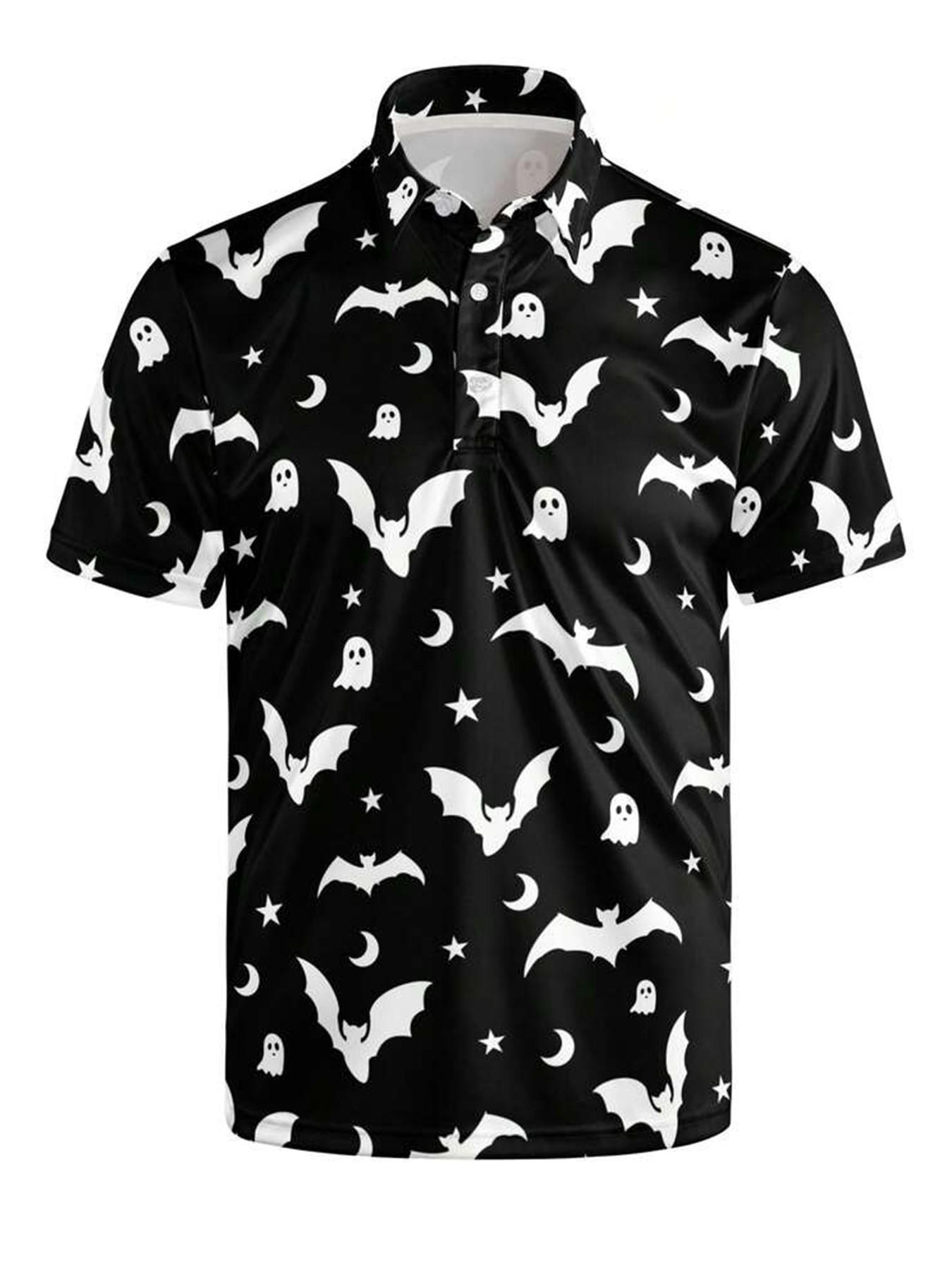 Men's Halloween Theme Polo Shirt, Hand-Drawn Skull Ghost Tombstone Pattern, Short Sleeve, Breathable, Festive Casual Golf Top,Unisex (Recommended ordering one size up),polo shirt for men,deals of the day，halloween costumes for men，halloween costumes