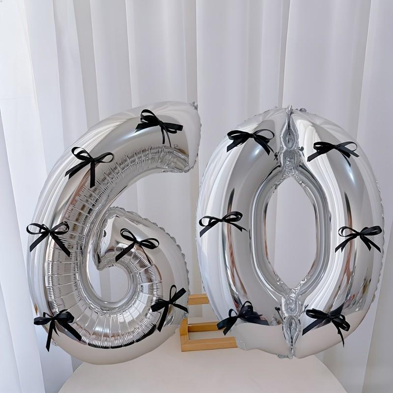 15pcs black bow style silver aluminum foil balloon set, including 2 balloons, 12 black bows and glue, suitable for birthday parties, Birthday decorations, graduation ceremony decoration and photo props