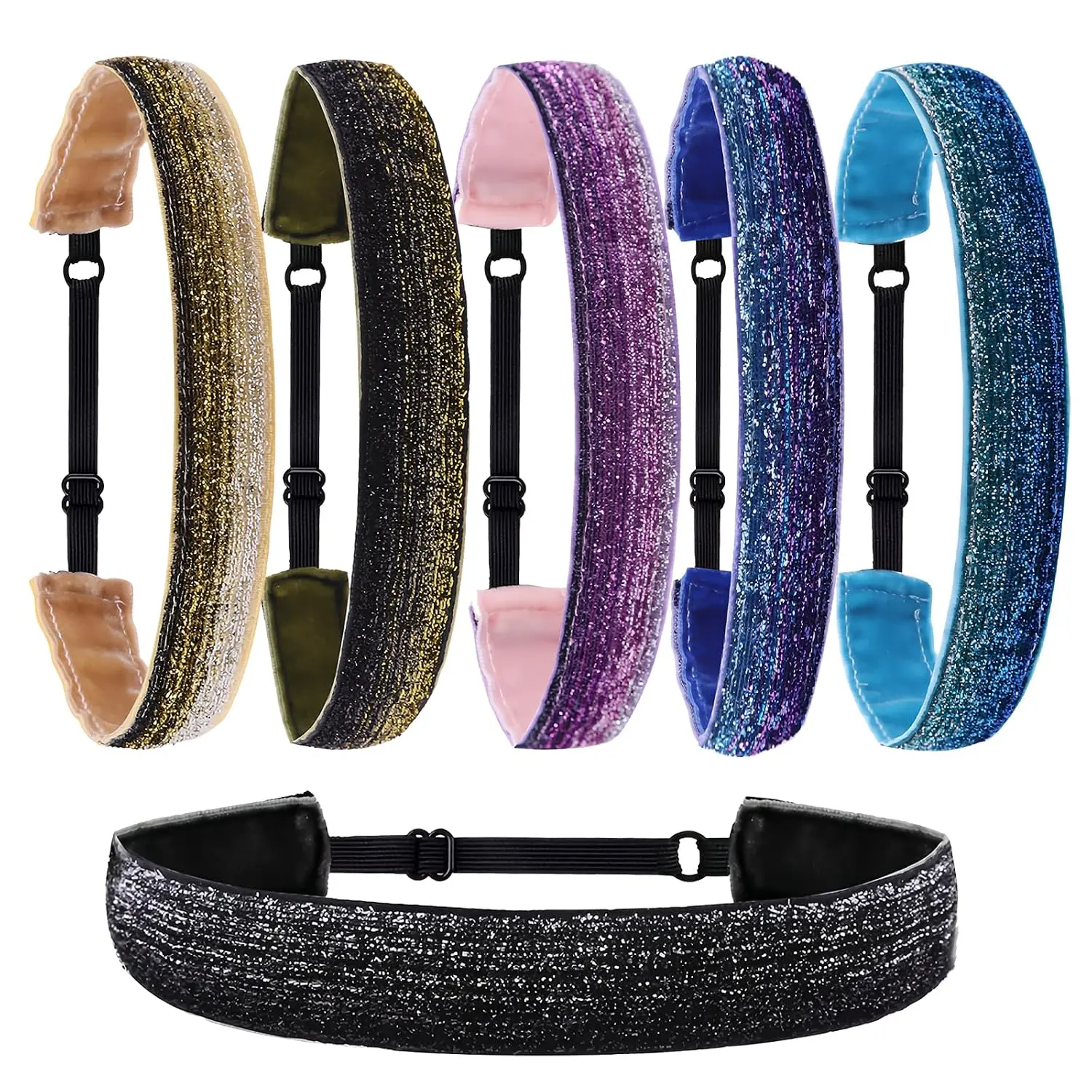 6 count Glitter Headbands for Women Adjustable Hair bands Anti-slip non-tightening Headband  Hair Accessory Elastic Headbands for Women (pack of 6)