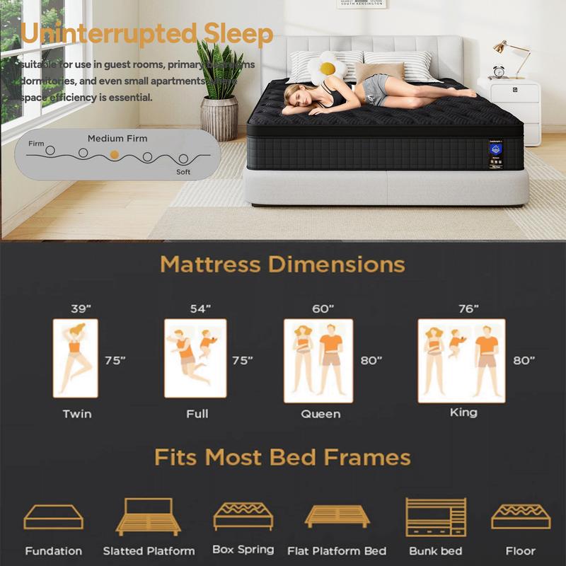 12/14 Inch Twin, Full, Queen, King Mattress Memory Foam And Spring, Hybrid MattressMedium Firmness, Lumbar Support, For Home Rooms Hotels, Boxed Halloween ChristmasGift Furniture Ergonomic queen size mattress Interior Modern