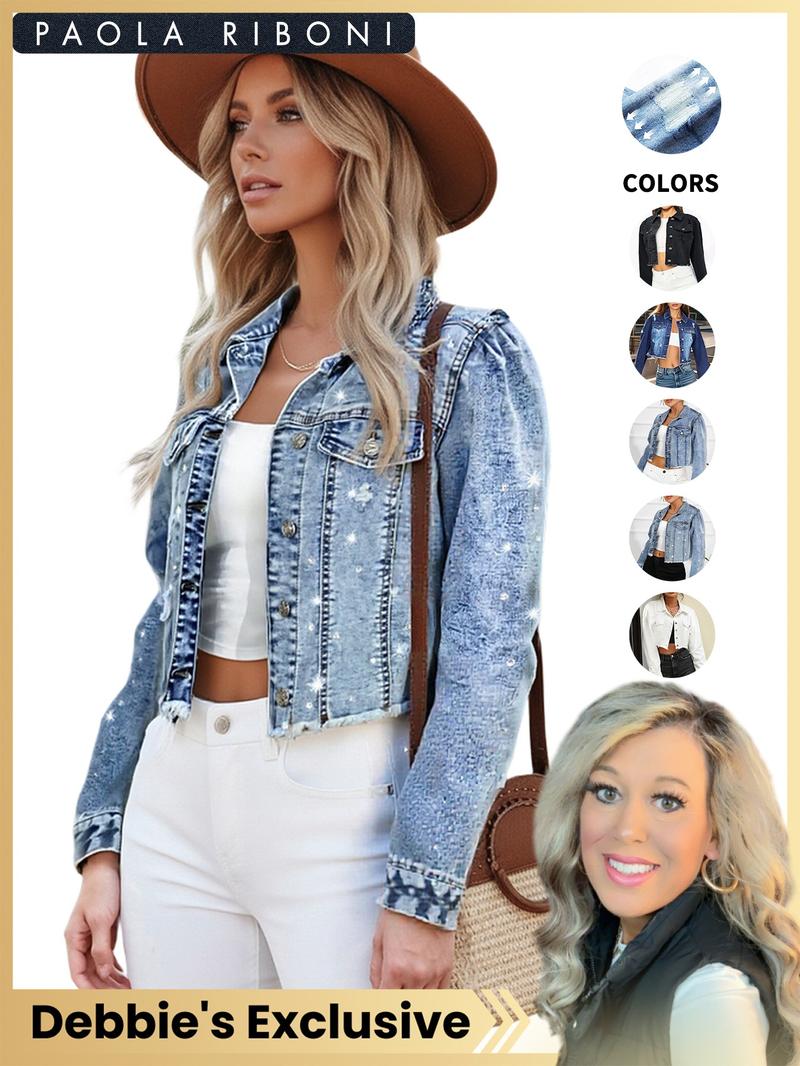 【Debbie's Exclusive】High Elasticity Denim Jacket with Fitted Design, Casual Plain Ripped Style for All Seasons, Long Sleeve Women's Outerwear