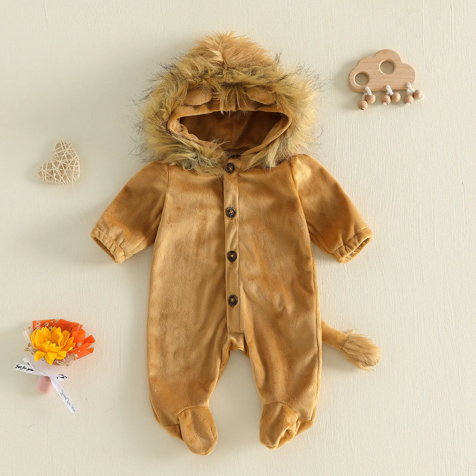 Baby Halloween Lion Costume Footed Jumpsuit Long Sleeve Hooded Romper with Faux Mane and Tail for Boys and Girls