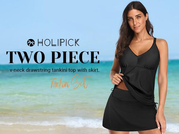 Daci Tankini Swimsuit for Women V Neck Bathing Suit Tummy Control Two Piece Swimdress Drawstring Tank Top with Skirt Bottom