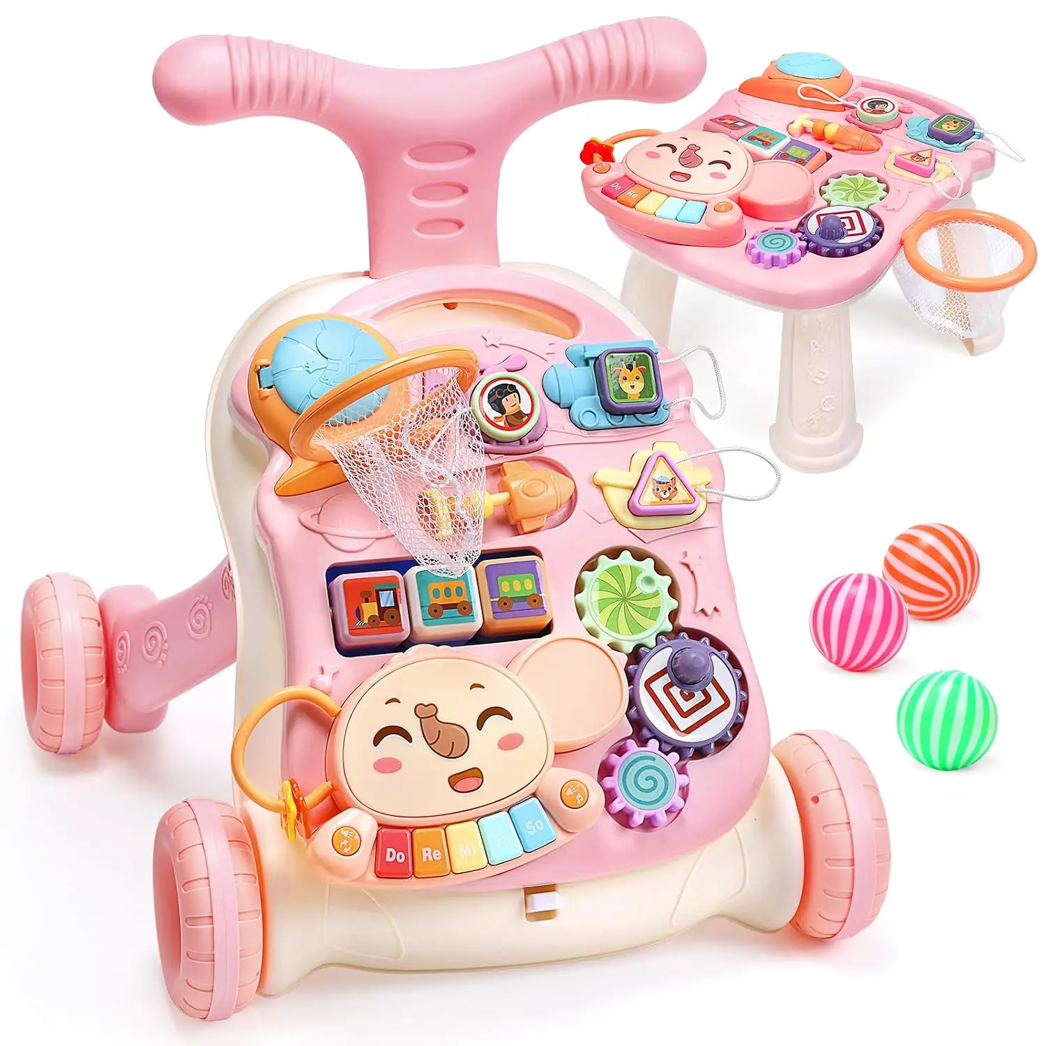 2 in 1 Pink Baby Learning Walker for Girls, Sit-to-Stand Push Walker with Multi-Function Activity Center, Interactive Game Panel & Light Sound Toy, Early Developmental Toy for Infant Toddler