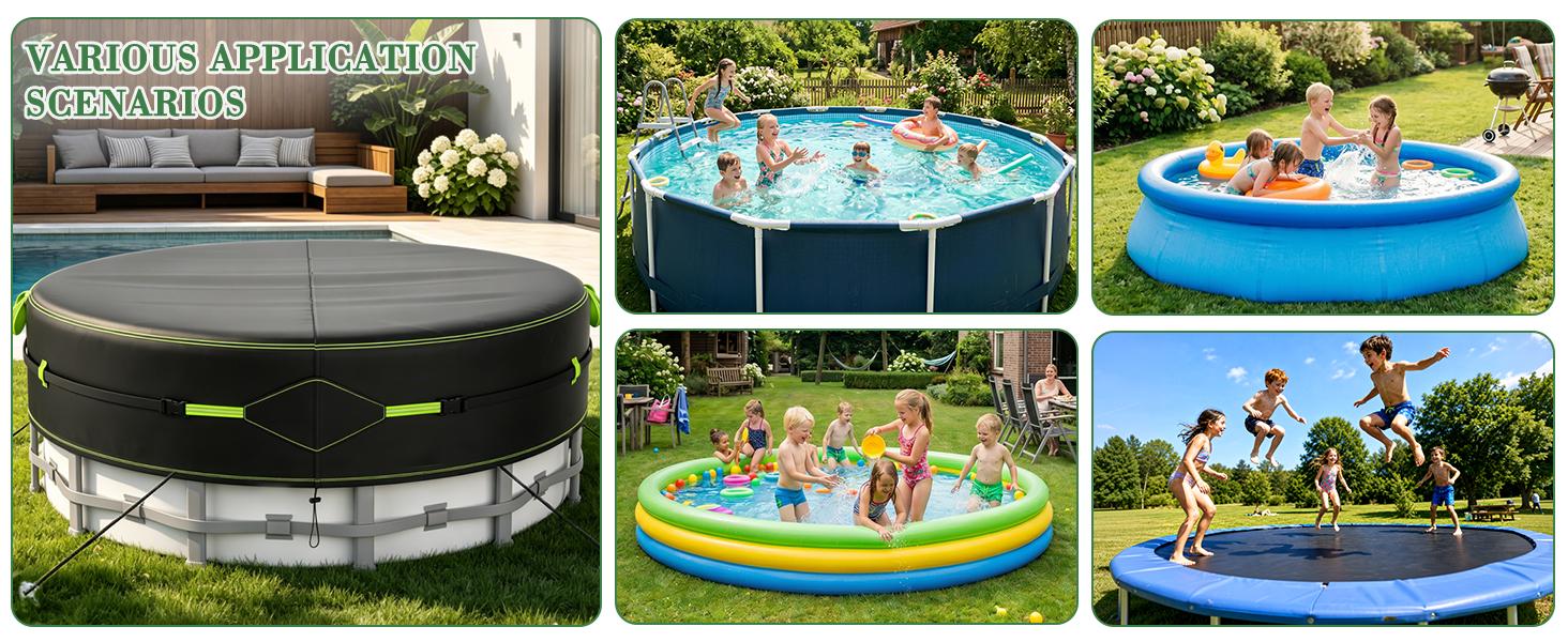 10Ft Round Pool Cover for Above Ground Pools, Safety Solar Pool Covers with Reflective Strips, Rope and Luminous Nails, Upgraded Thicker Oxford, PU Tarp Snug, UV Protected, Windproof, Tear Resistant