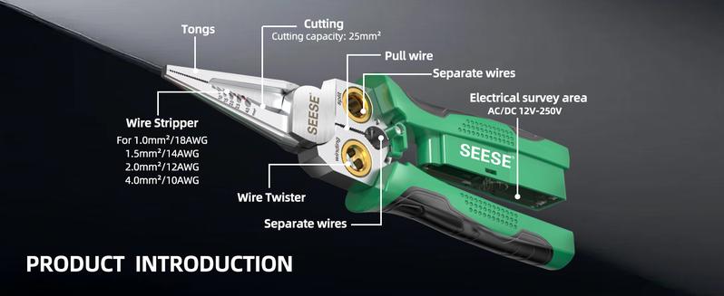 SEESE 8-in-1 Wire Stripper & Twister – Cutting, Pulling Wires, Voltage Tester Pliers, Cable Scissors, AC/DC Live, Null & Hot Wire Detection with Audible & Flashing LED Alarms
